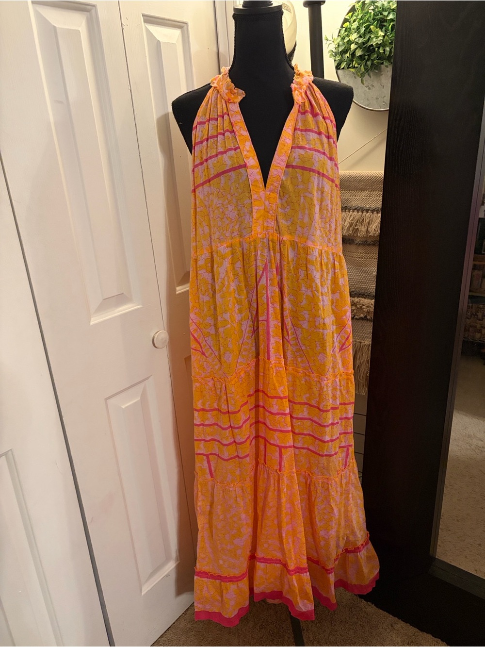 Bright Orange and Pink Floral V-Neck Maxi Dress